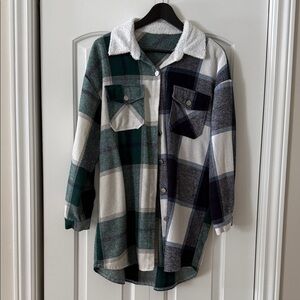 SHEIN Green and Blue Plaid Teddy Jacket